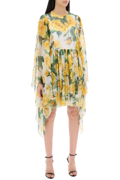 'short Silk Chiffon Dress With Yellow Rose Print'  - White