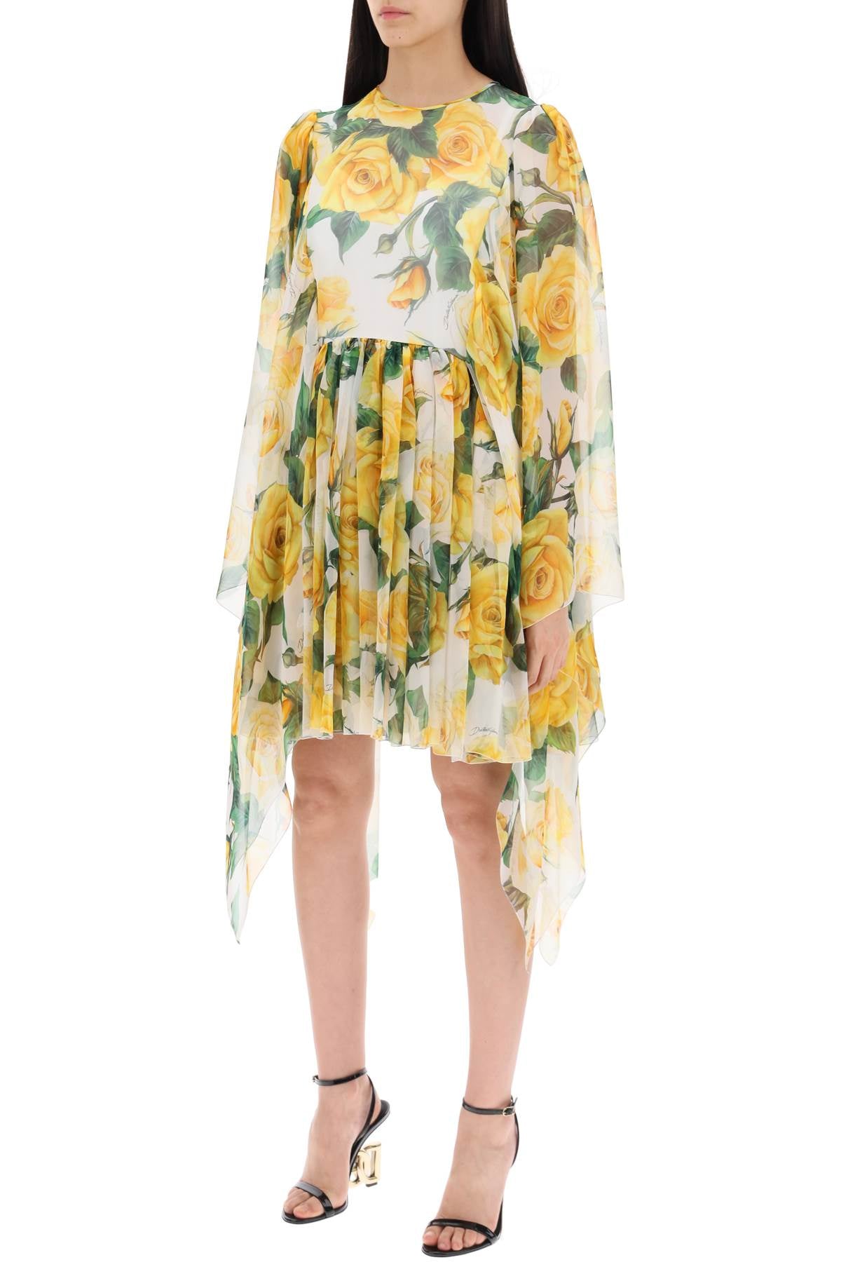 'short Silk Chiffon Dress With Yellow Rose Print'  - White