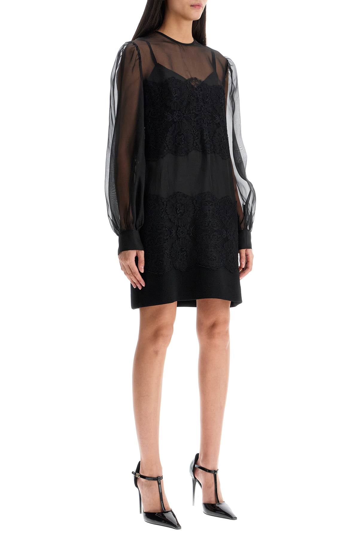 Short Organza And Lace Dress  - Black