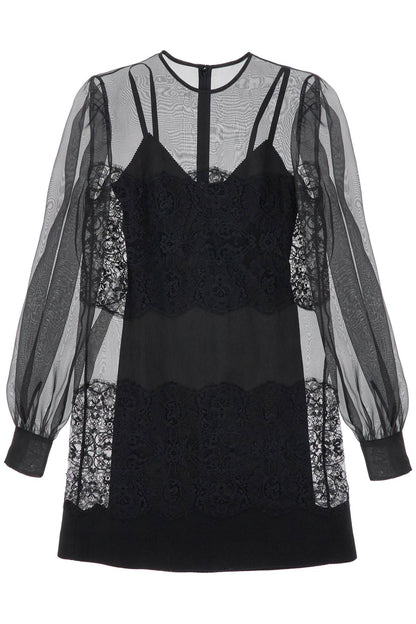 Short Organza And Lace Dress  - Black