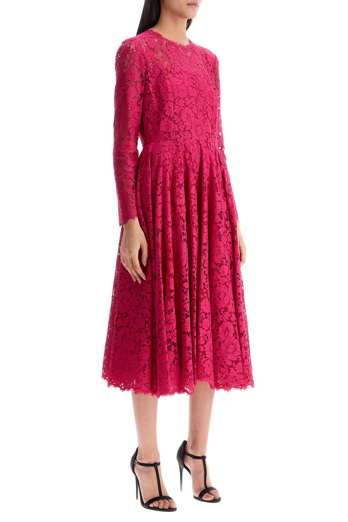 Shocking Pink Floral Lace Midi Dress  - Pink