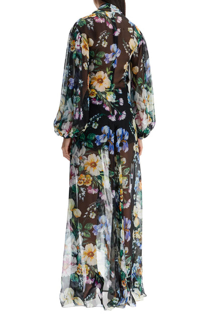 Long Black Silk Dress With Floral Pattern  - Black