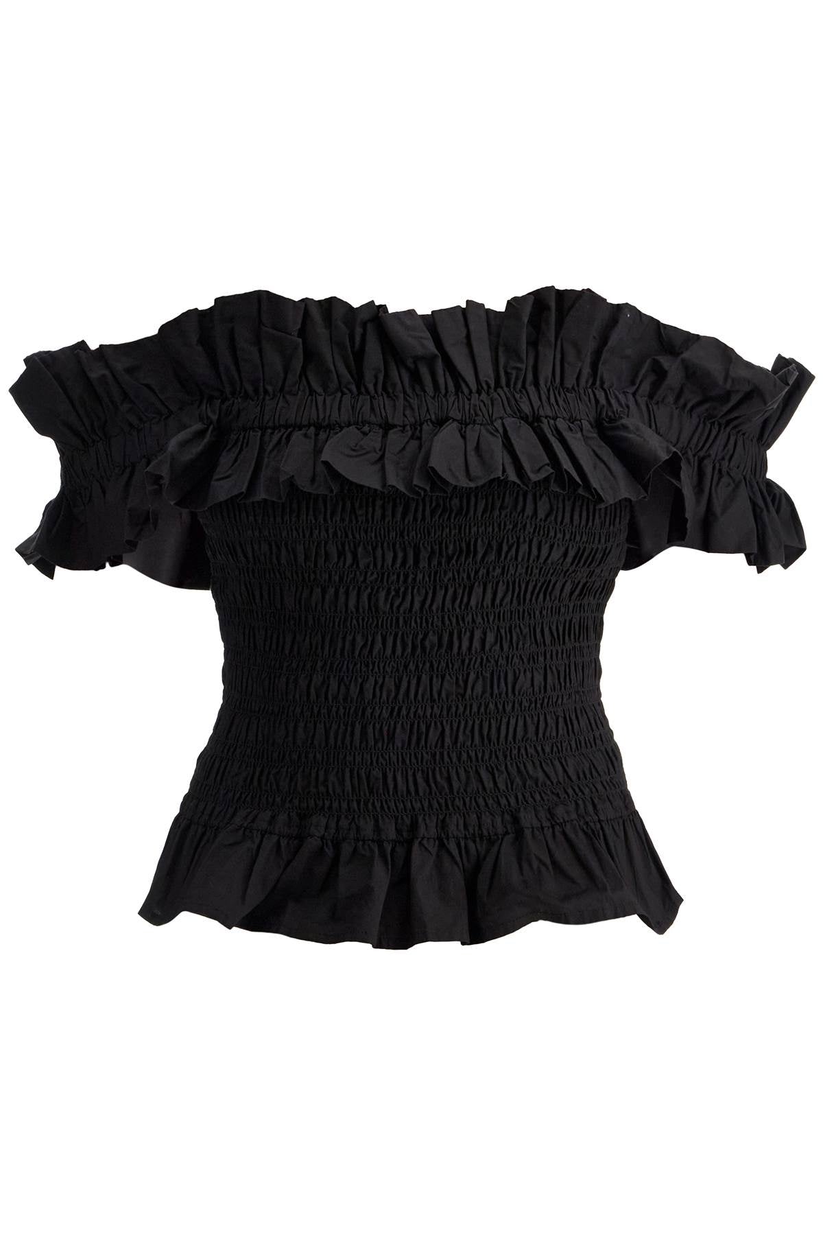 Smocked Poplin Top  - Black