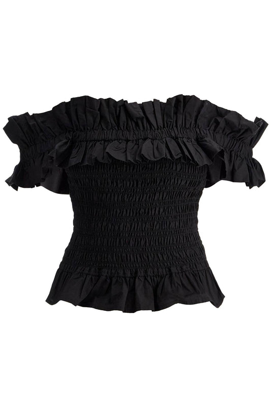 Smocked Poplin Top  - Black