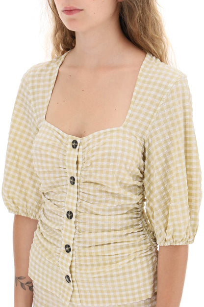 Gathered Blouse With Gingham Motif  - White