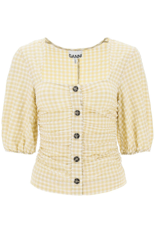 Gathered Blouse With Gingham Motif  - White