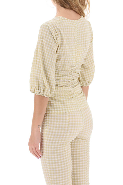 Gathered Blouse With Gingham Motif  - White