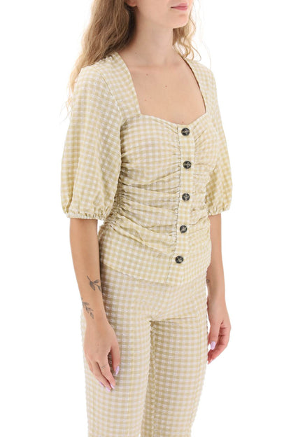 Gathered Blouse With Gingham Motif  - White