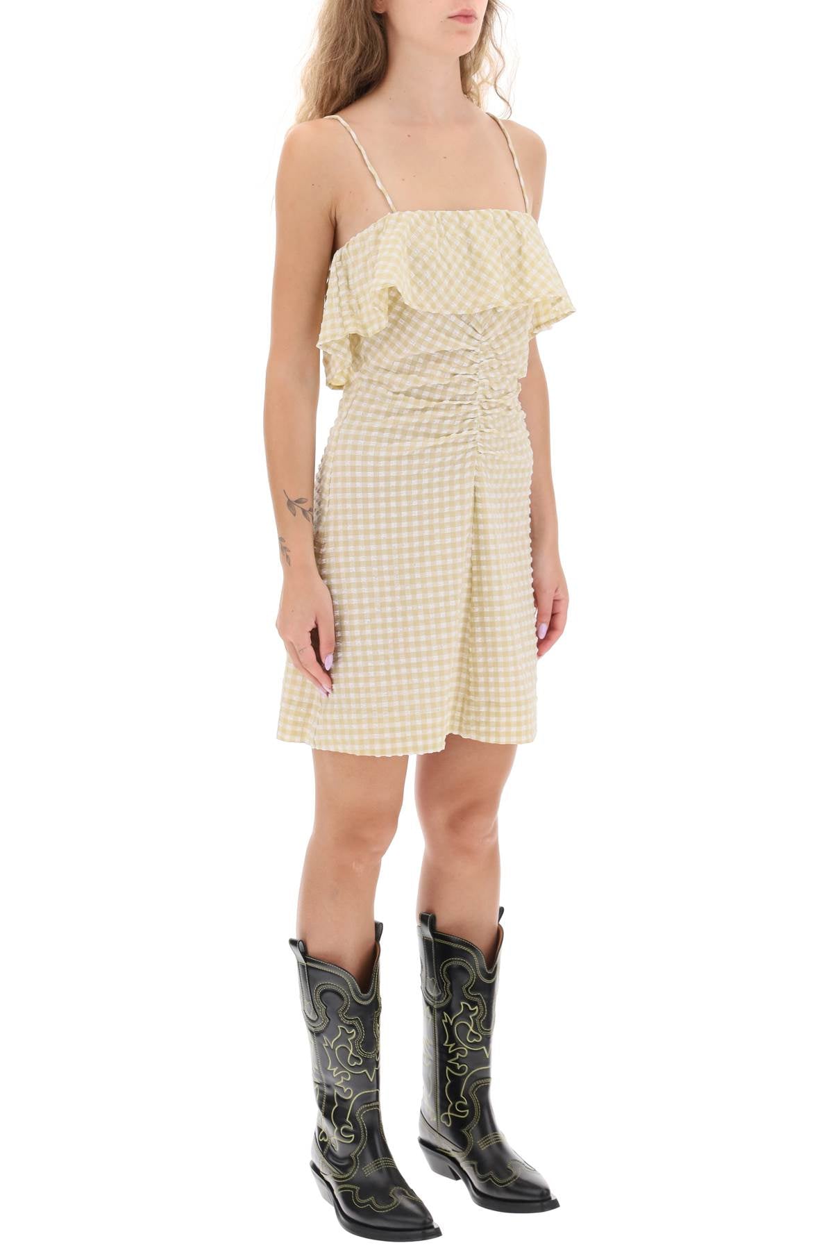 Gingham Motif Dress  - Beige