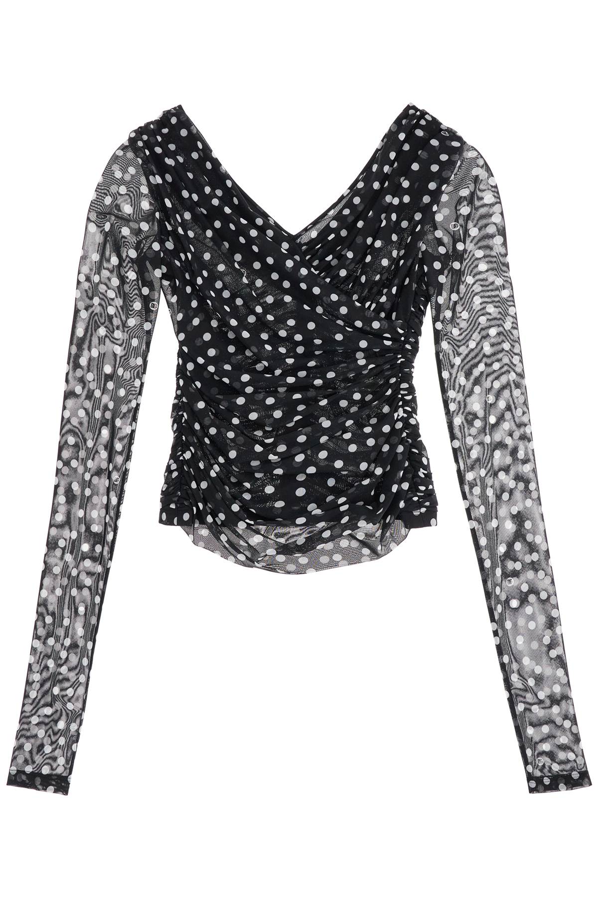 Polka Dot Draped Top With  - Black