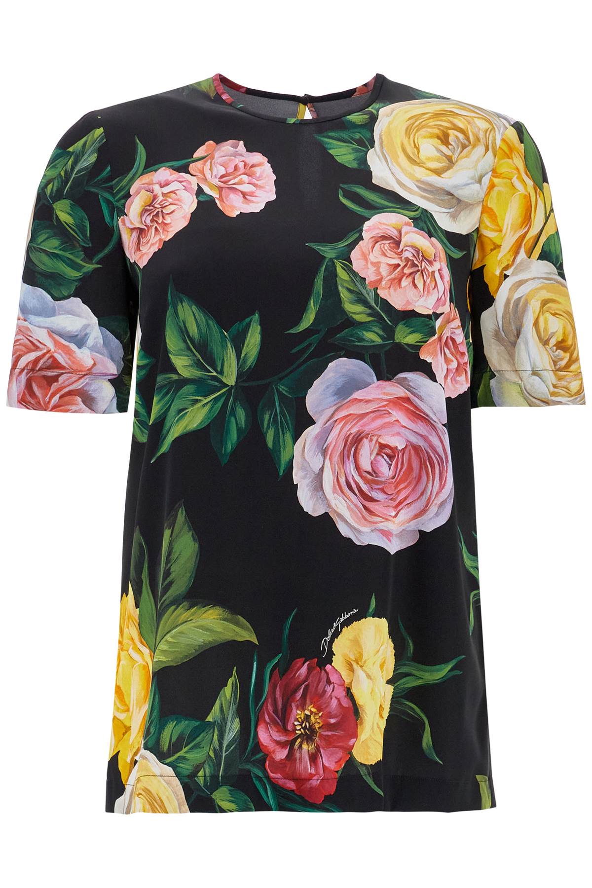 Black Silk T-shirt With Floral Print  - Black