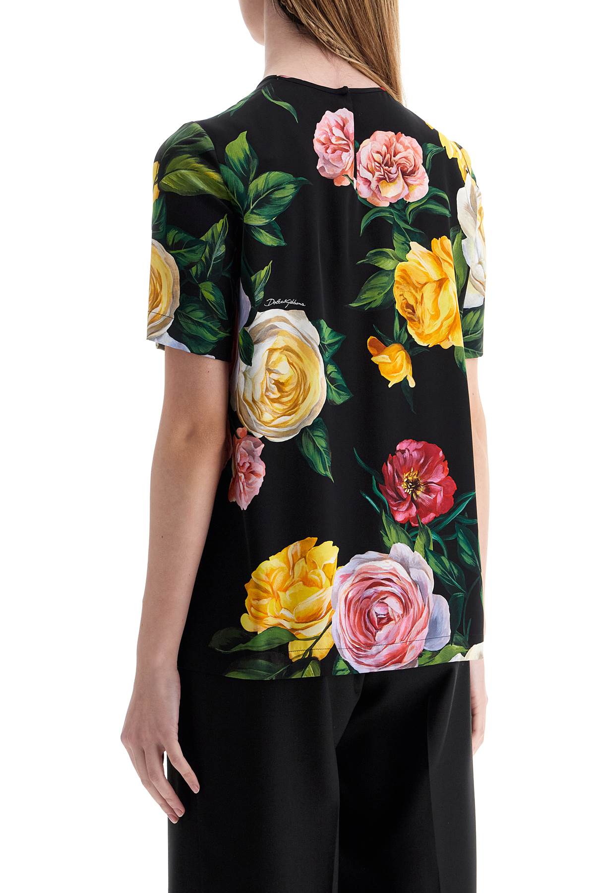 Black Silk T-shirt With Floral Print  - Black