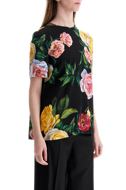 Black Silk T-shirt With Floral Print  - Black