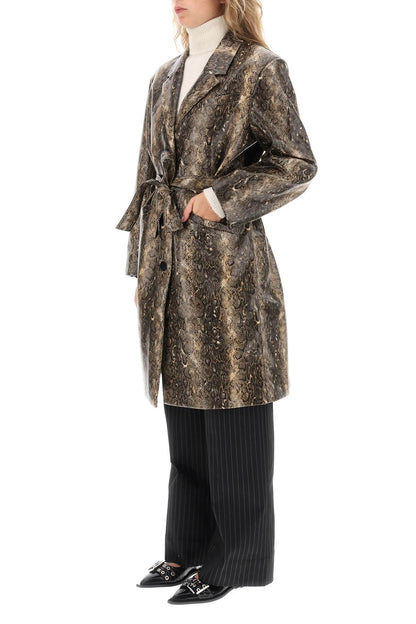 Snake-effect Faux Leather Trench Coat  - Marrone