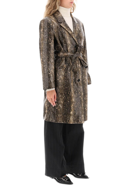 Snake-effect Faux Leather Trench Coat  - Marrone