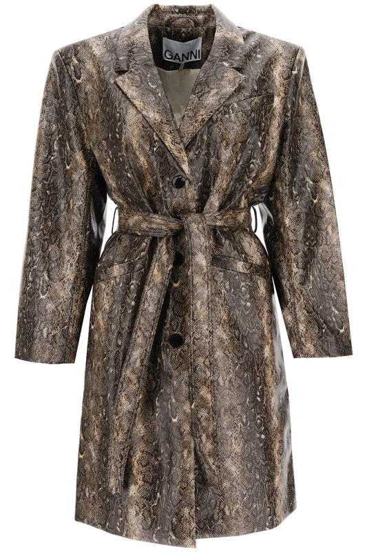 Snake-effect Faux Leather Trench Coat  - Marrone