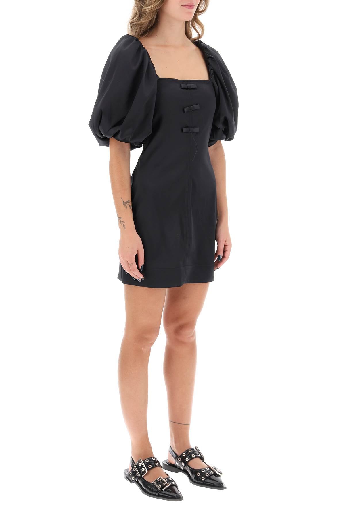 Satin Mini Dress With Balloon Sleeves  - Black