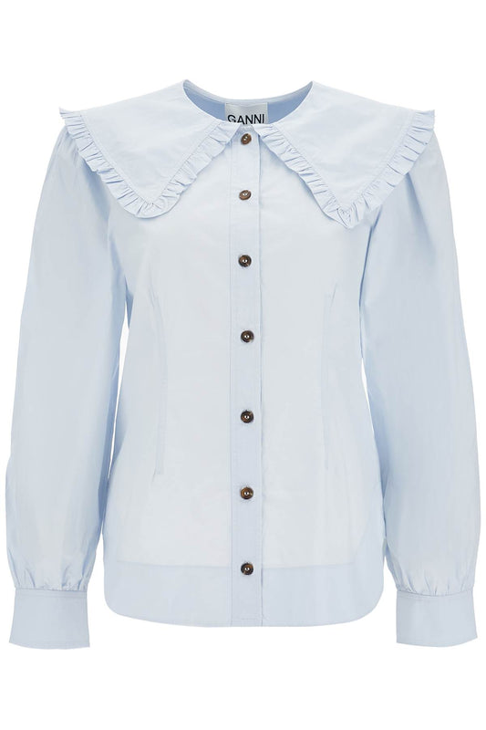 Poplin Shirt With Oversized Collar  - Light Blue