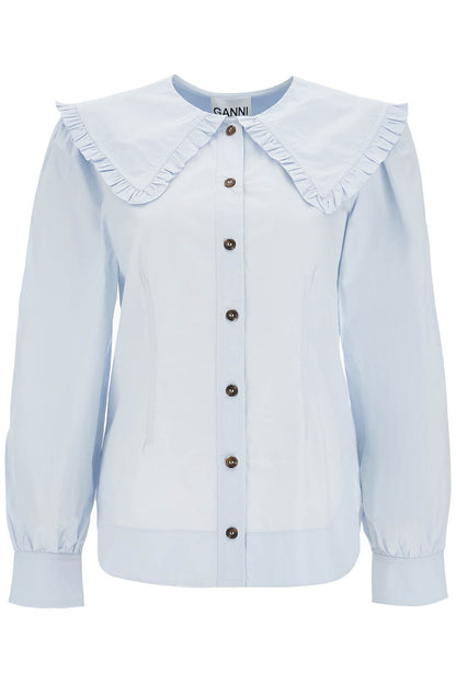 Poplin Shirt With Oversized Collar  - Light Blue