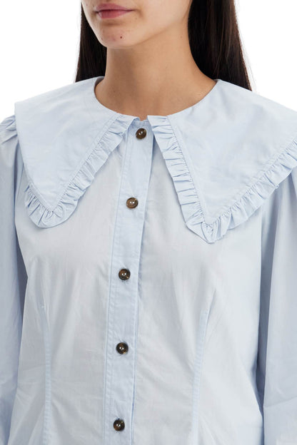 Poplin Shirt With Oversized Collar  - Light Blue