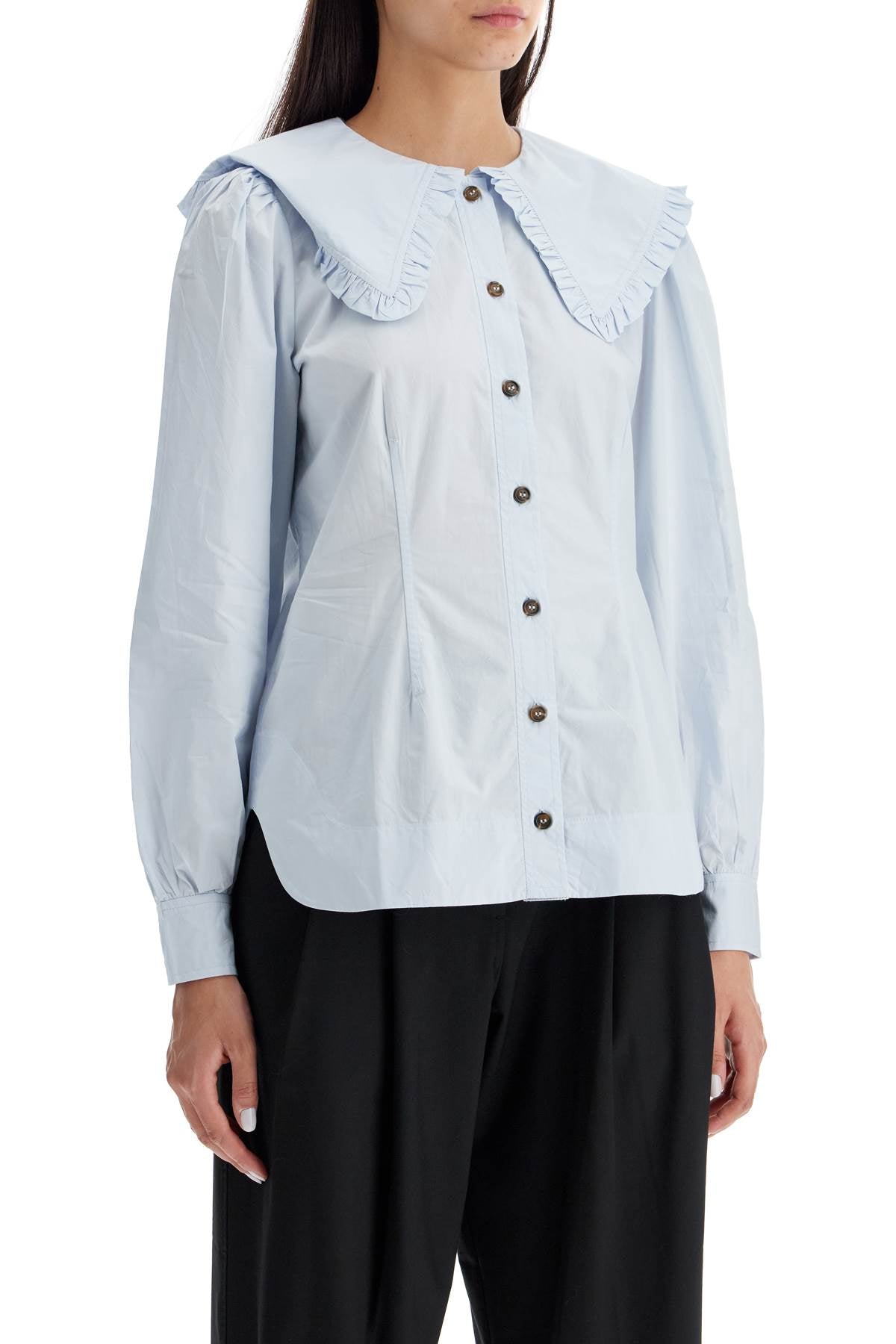 Poplin Shirt With Oversized Collar  - Light Blue