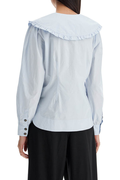 Poplin Shirt With Oversized Collar  - Light Blue