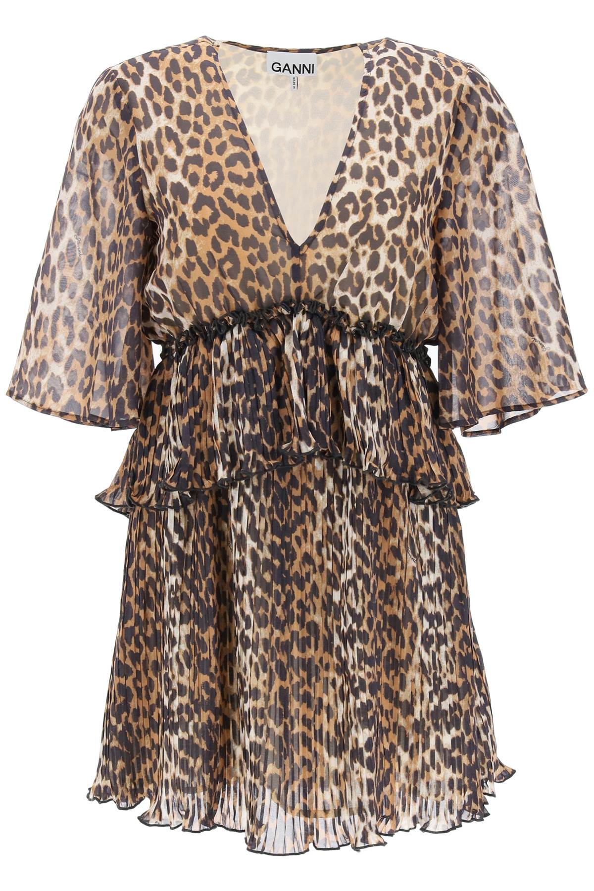 Pleated Mini Dress With Leopard Motif  - Beige