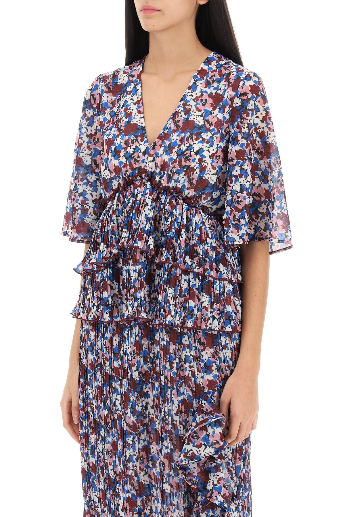 Pleated Blouse With Floral Motif  - Multicolor