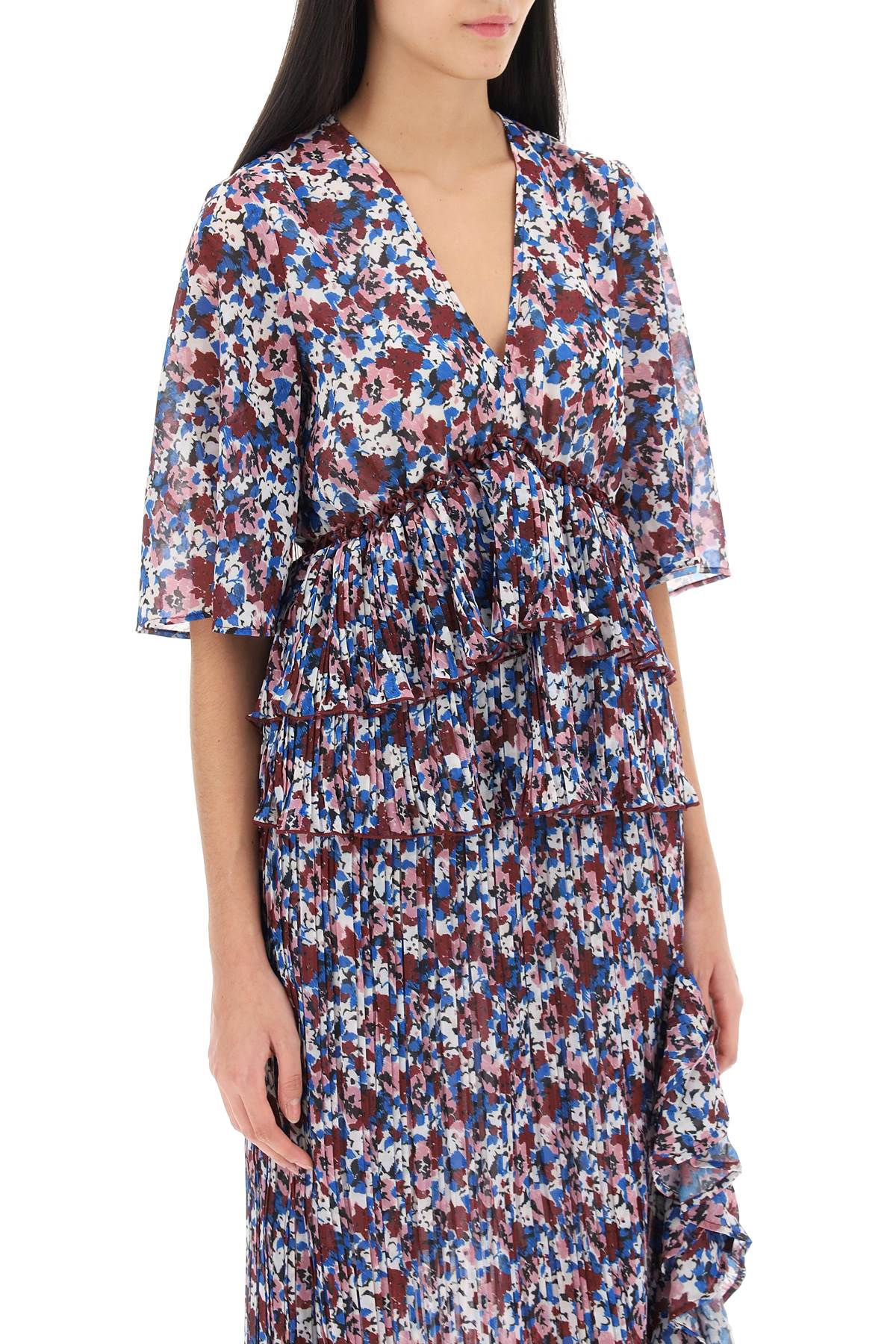 Pleated Blouse With Floral Motif  - Multicolor