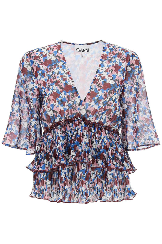 Pleated Blouse With Floral Motif  - Multicolor