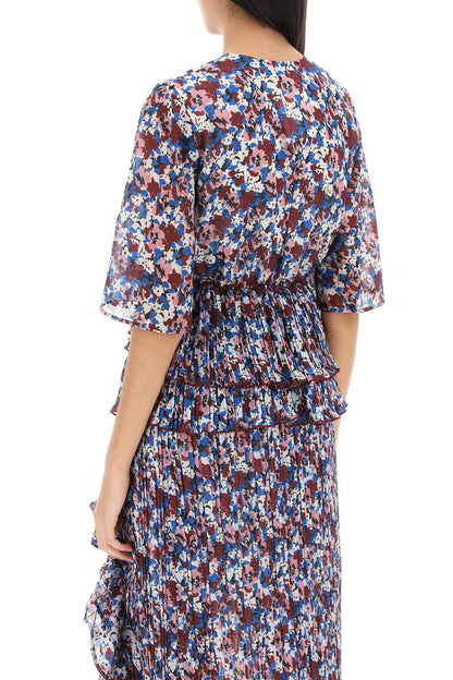 Pleated Blouse With Floral Motif  - Multicolor