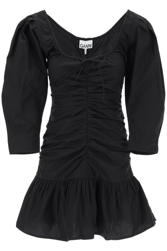 Mini Poplin Dress With Curved Sleeves  - Black