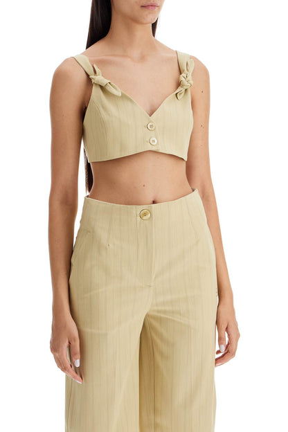 Striped Crop Top With Knots  - Beige