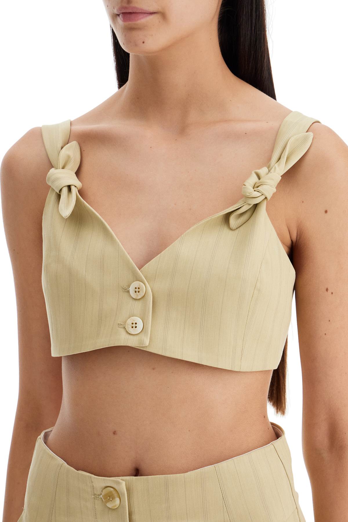 Striped Crop Top With Knots  - Beige