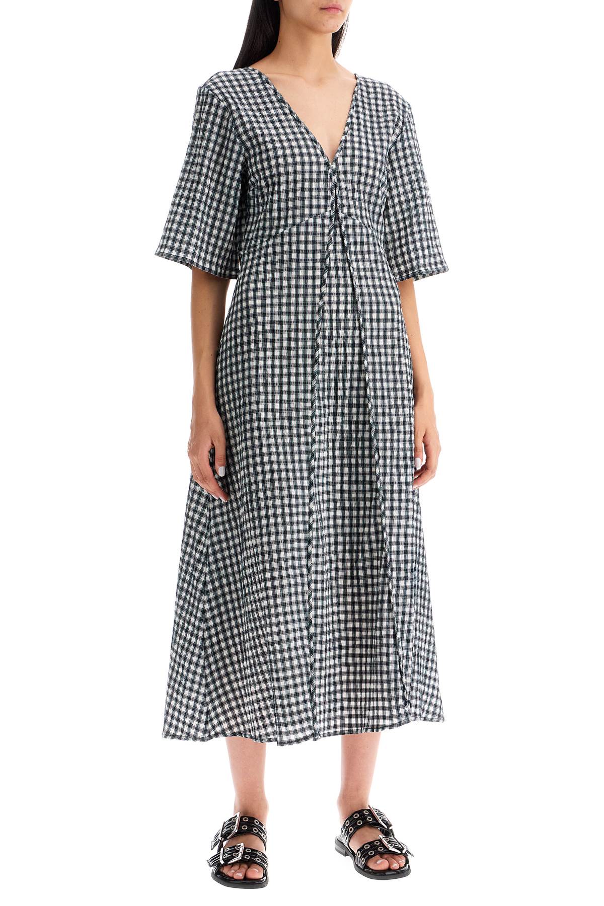 Midi Seersucker Check Dress  - White