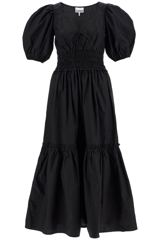 Midi Dress With Smock Stitching  - Black