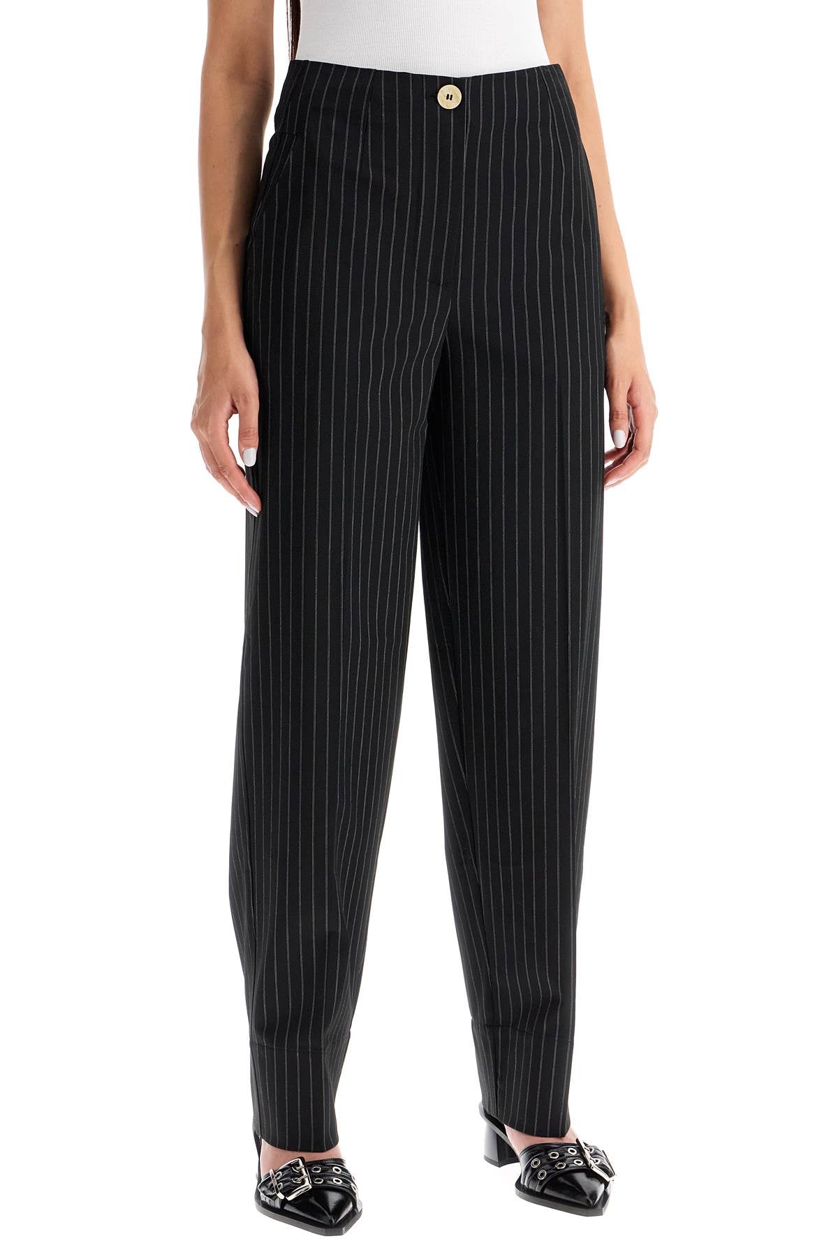 Striped Tapered Trousers  - Black