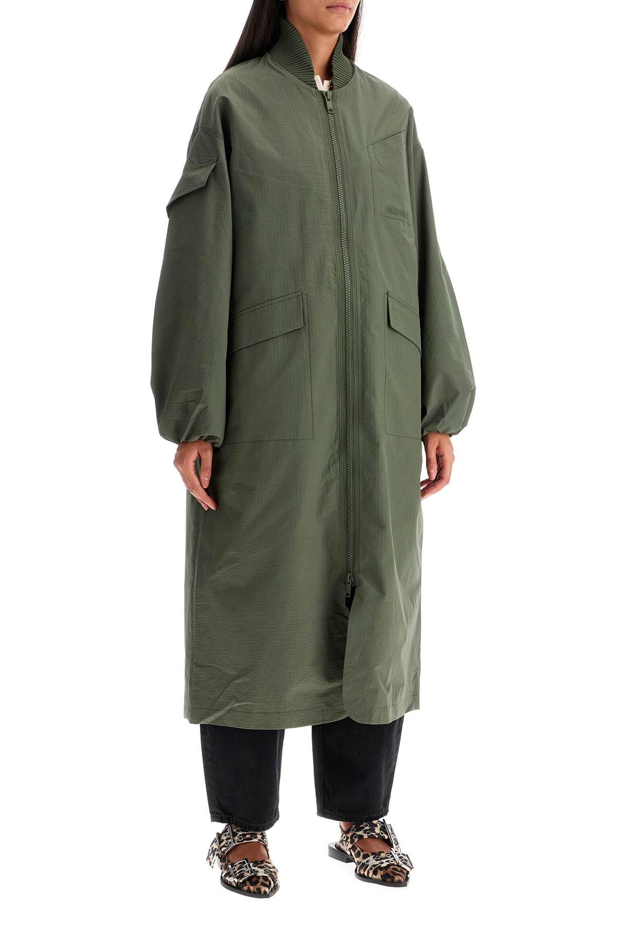 Long Tech Seersucker Trench  - Green