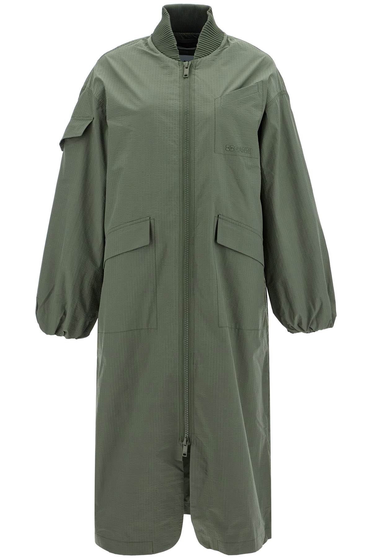 Long Tech Seersucker Trench  - Green