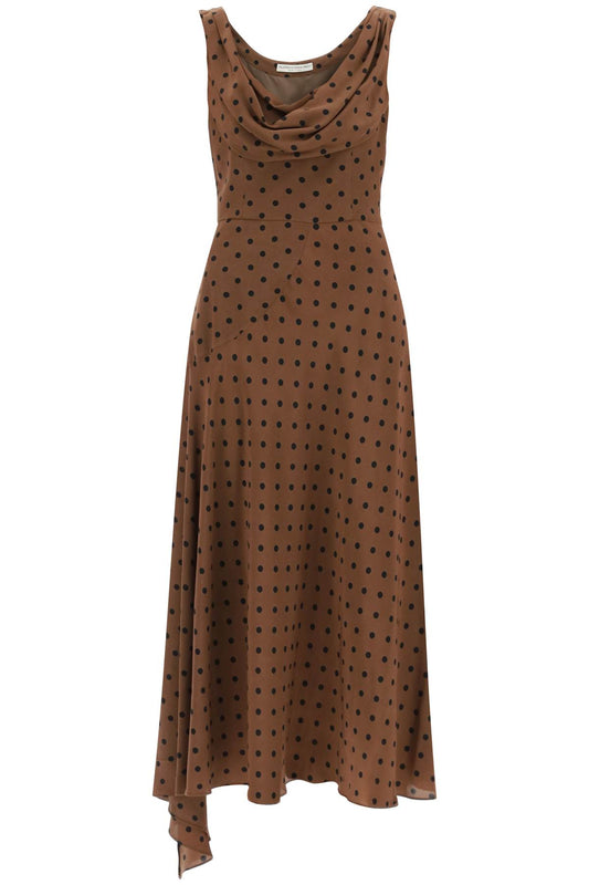 Silk Midi Dress With Draped Neckline  - Brown