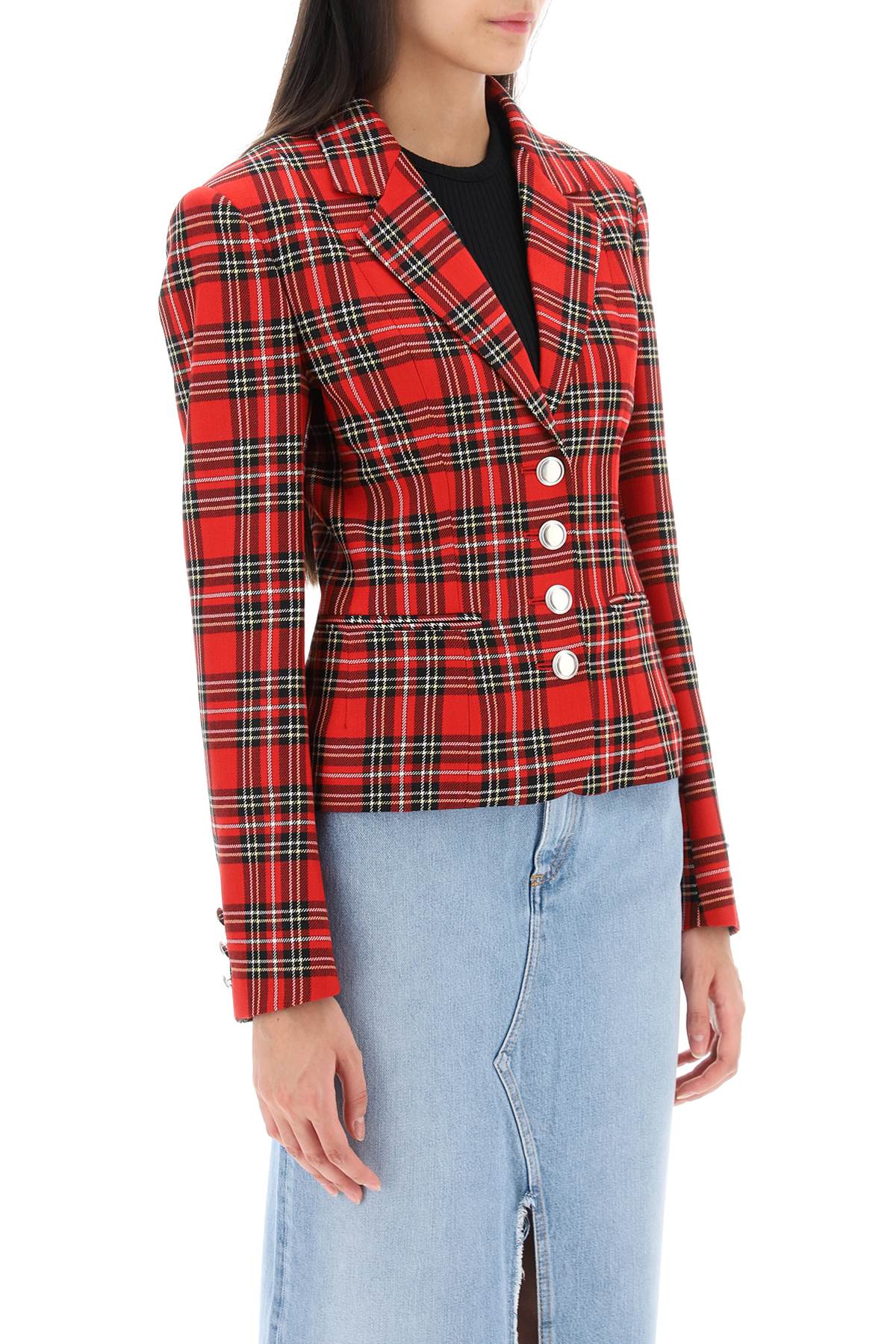 Wool Single-breasted Jacket With Tartan Motif  - Black