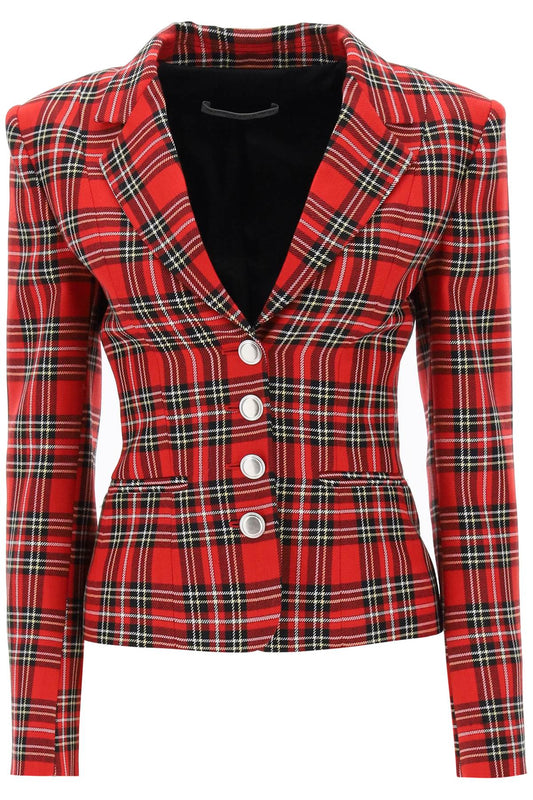 Wool Single-breasted Jacket With Tartan Motif  - Black