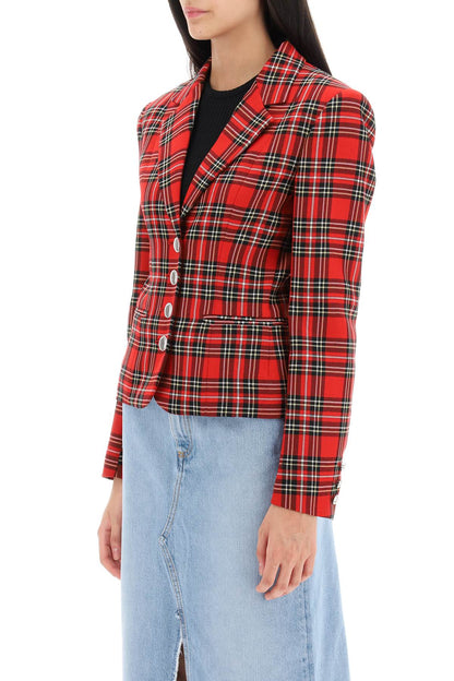 Wool Single-breasted Jacket With Tartan Motif  - Black