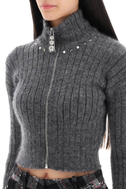 Cropped Cardigan With Zipper And Appliques  - Grey