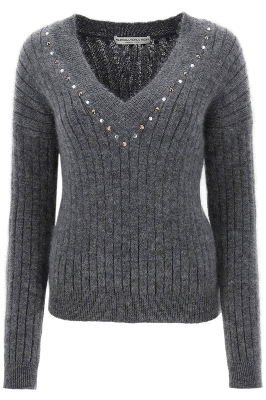 Wool Knit Sweater With Studs And Crystals  - Grey