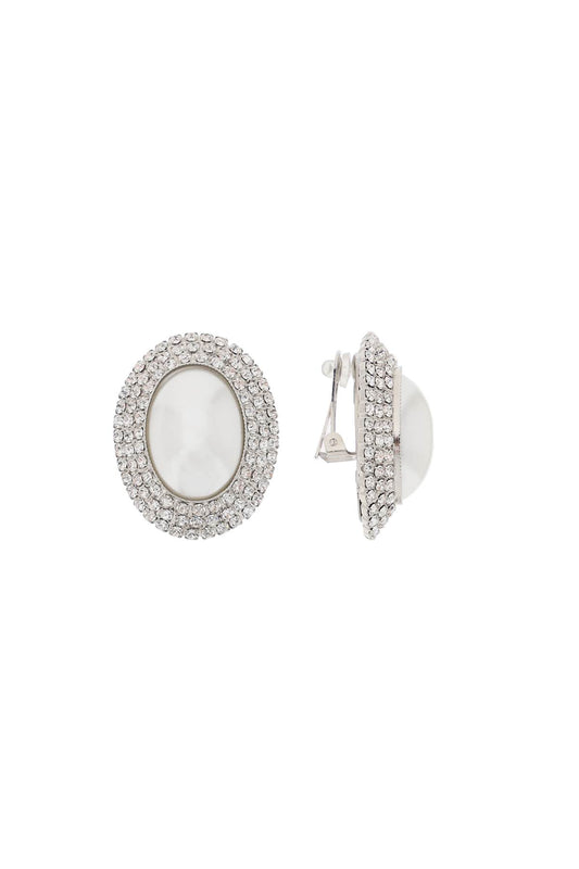 Oval Earrings With Pearl And Crystals  - Silver