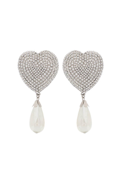 Heart Crystal Earrings With Pearls  - Silver