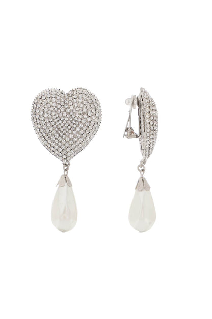 Heart Crystal Earrings With Pearls  - Silver