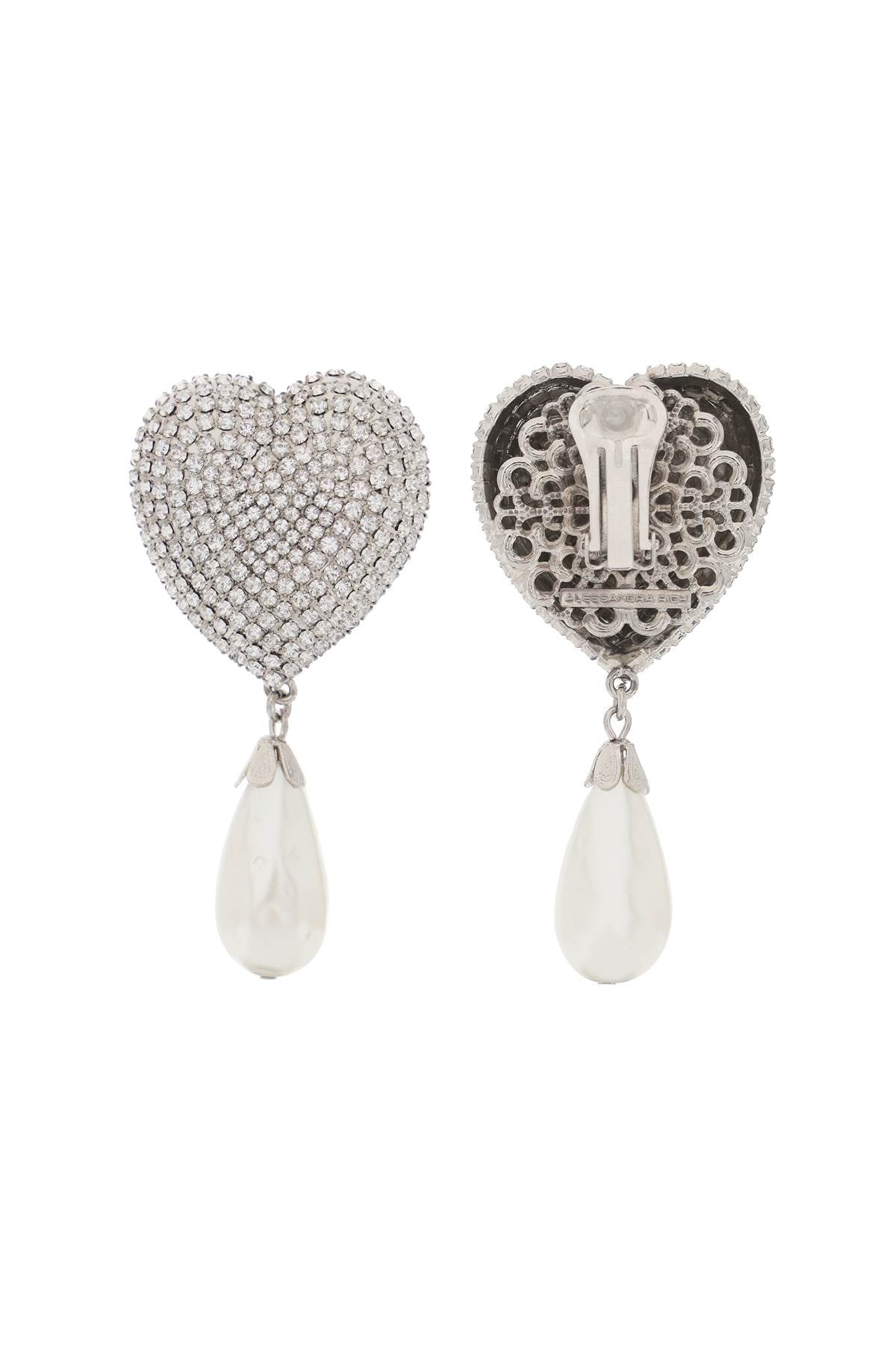 Heart Crystal Earrings With Pearls  - Silver