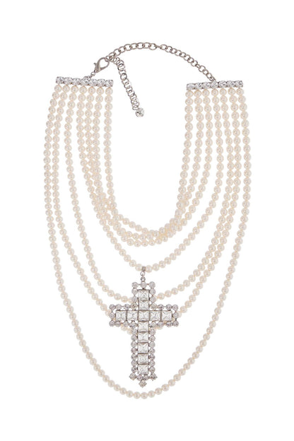 'necklace With Pearls And Crystal Cross  - White